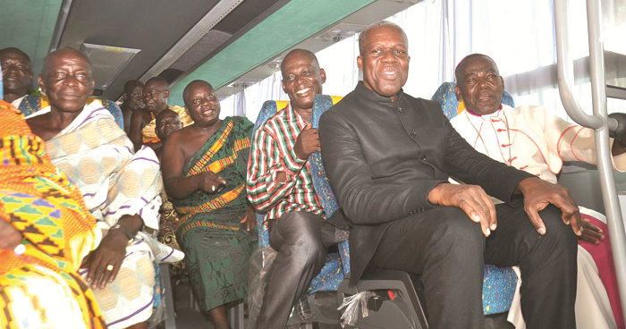 The Veep (2nd right) with some of the chiefs of Ntotroso enjoying the test drive The Veep (2nd right) with some of the chiefs of Ntotroso enjoying the test drive
